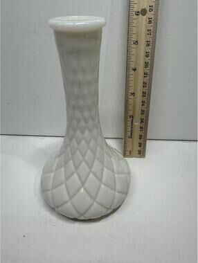 Vintage White Milk Glass Bud Vase Diamond Pattern 9.5" Tall